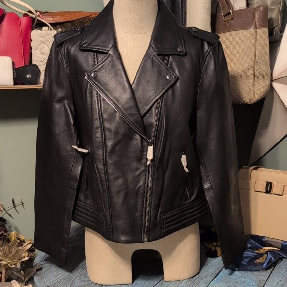 Nwt Tommy Hilfiger Black Leather Biker Jacket India Dress Club 46 US 14 - Picture 1 of 16